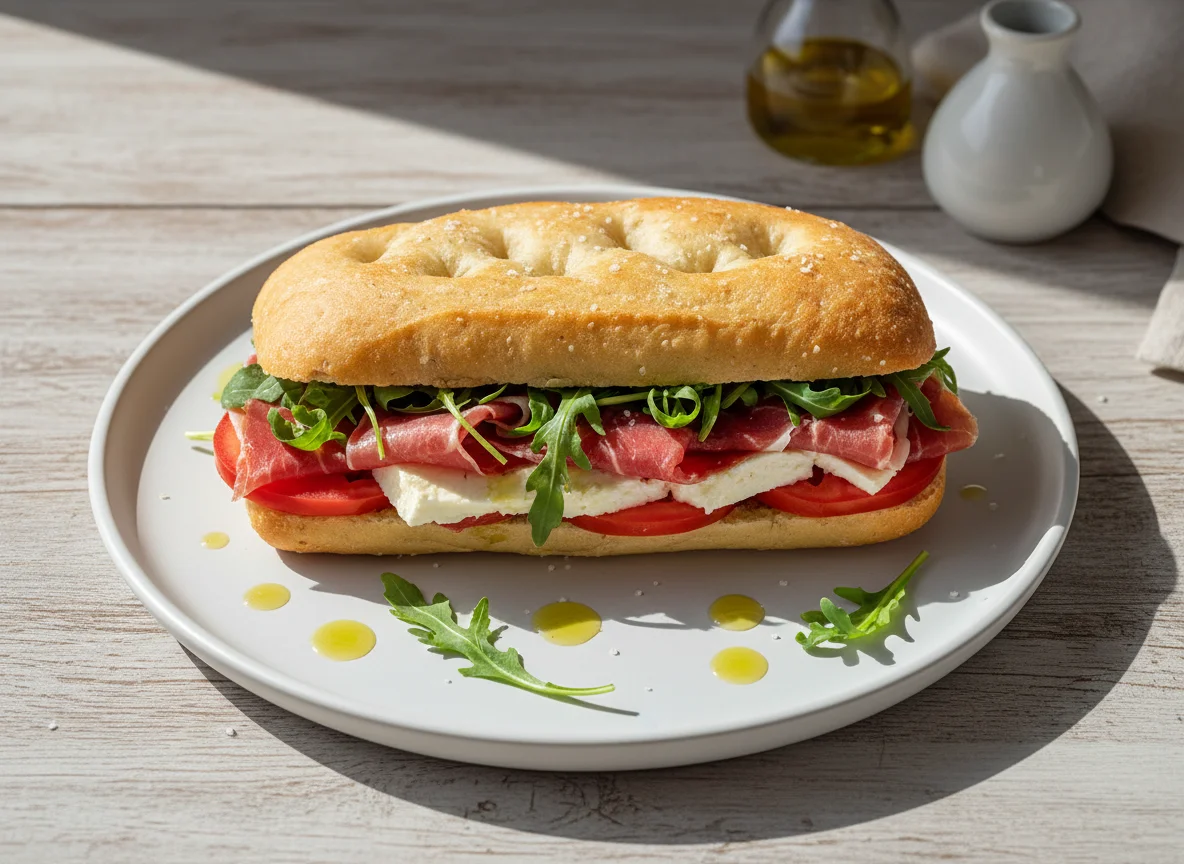 Bocadillo de focaccia con jamón y rúcula photo