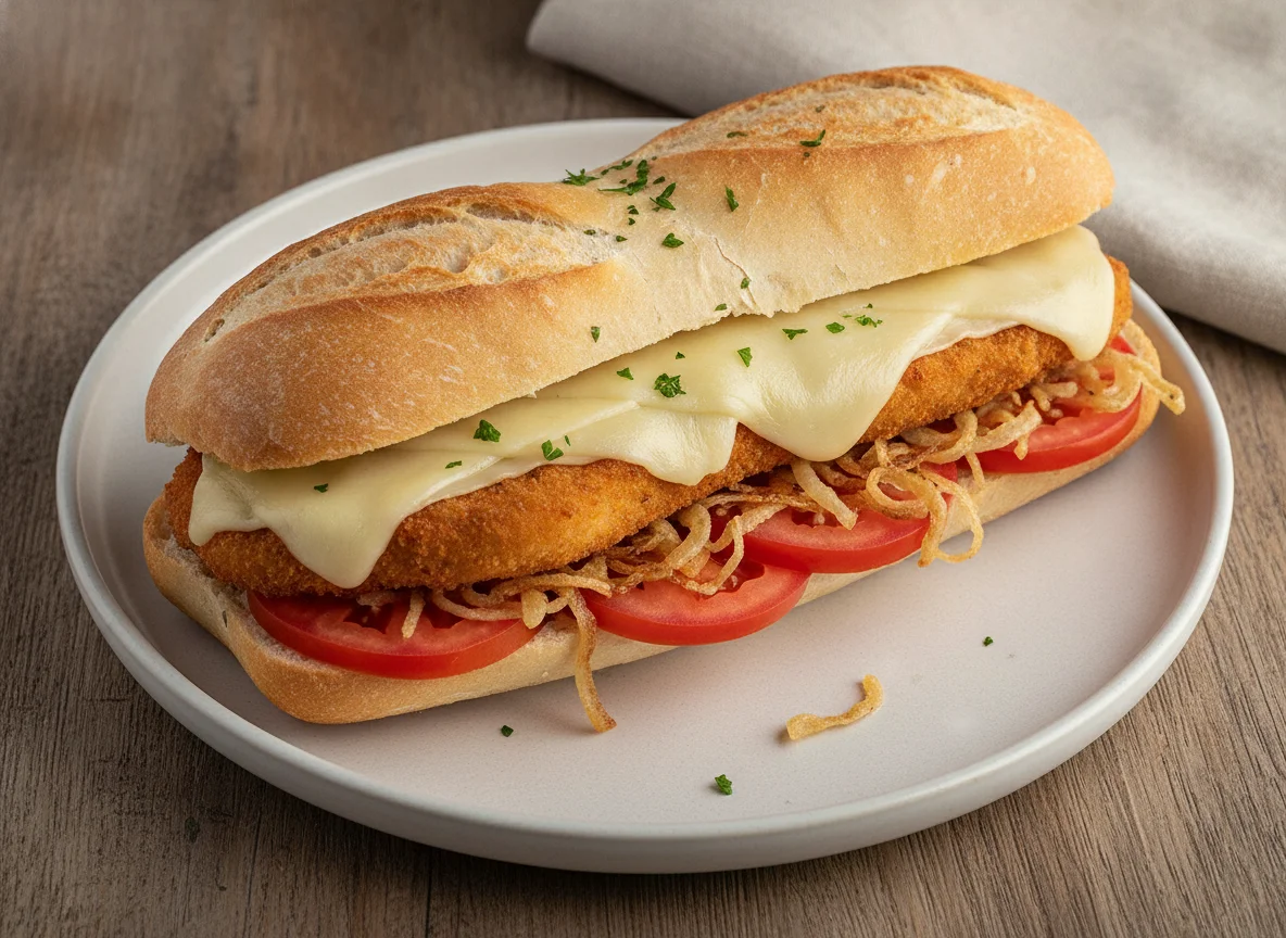 Bocadillo de hamburguesa de pollo empanada con queso y tomate photo
