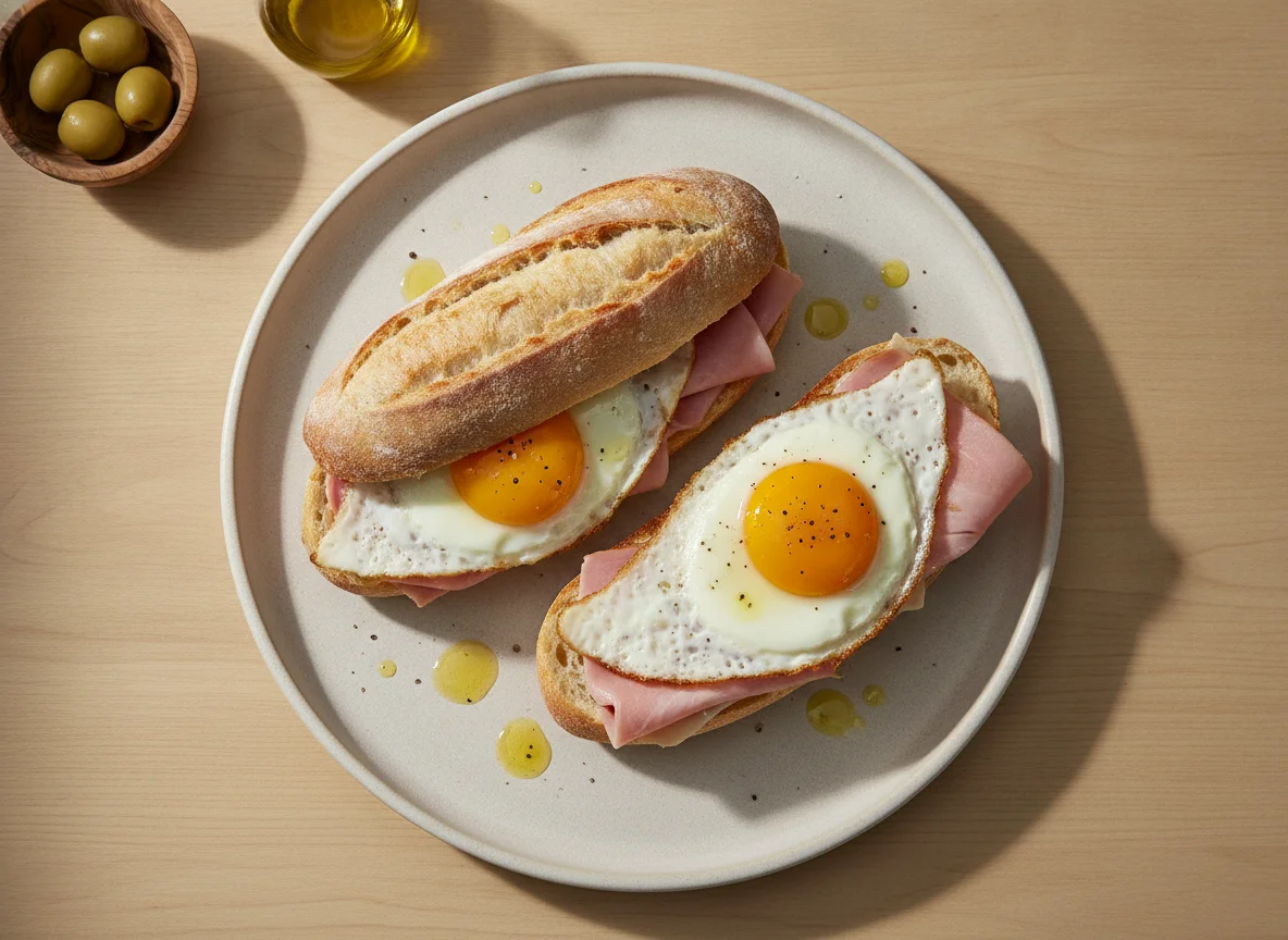Bocadillo de huevo frito y jamón cocido photo