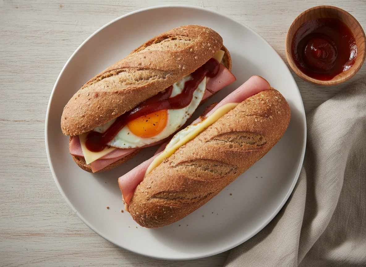 Bocadillo de huevo, jamón cocido y queso photo
