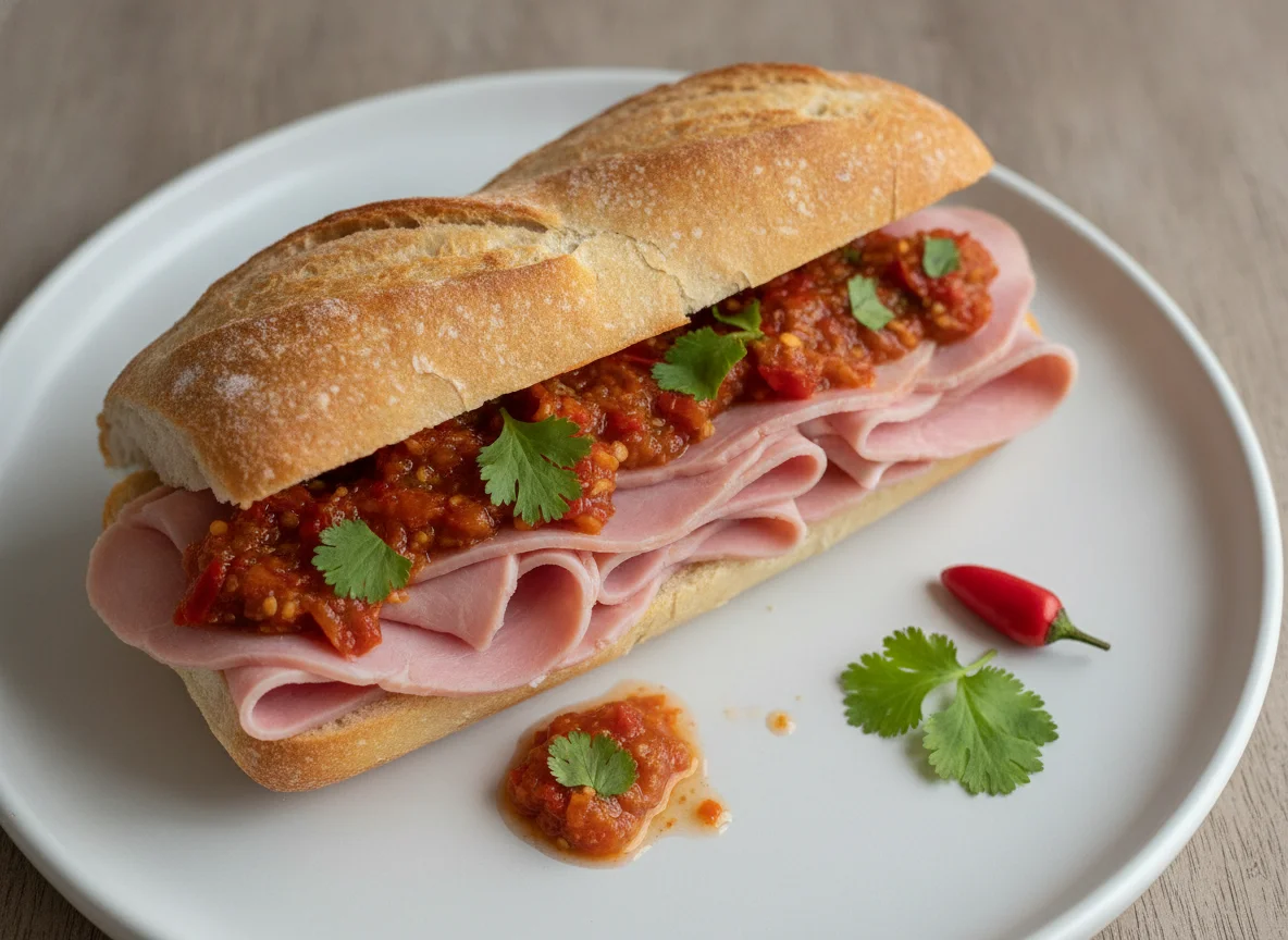 Bocadillo de jamón cocido con salsa photo