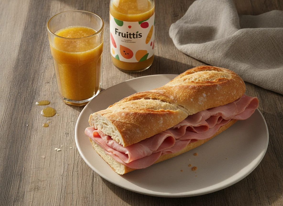 Bocadillo de jamón cocido con zumo tropical photo