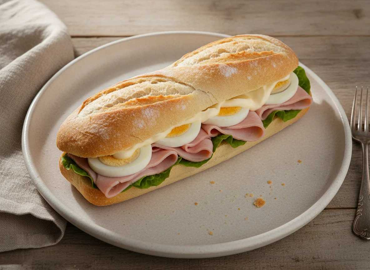 Bocadillo de jamón cocido, huevo y mayonesa photo