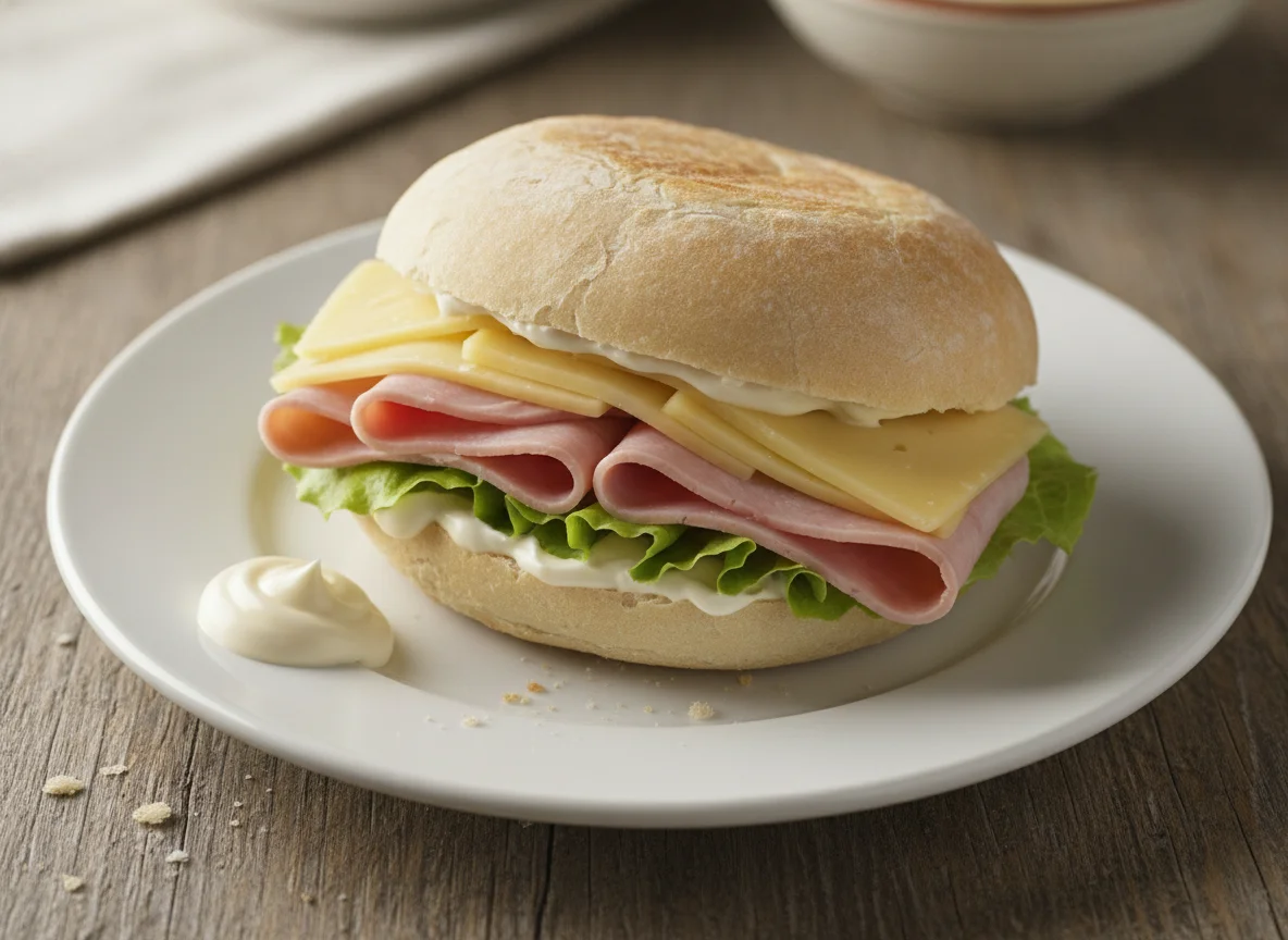 Bocadillo de jamón cocido, queso y mayonesa photo