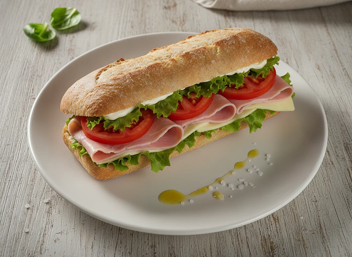 Bocadillo de jamón cocido, queso y tomate photo