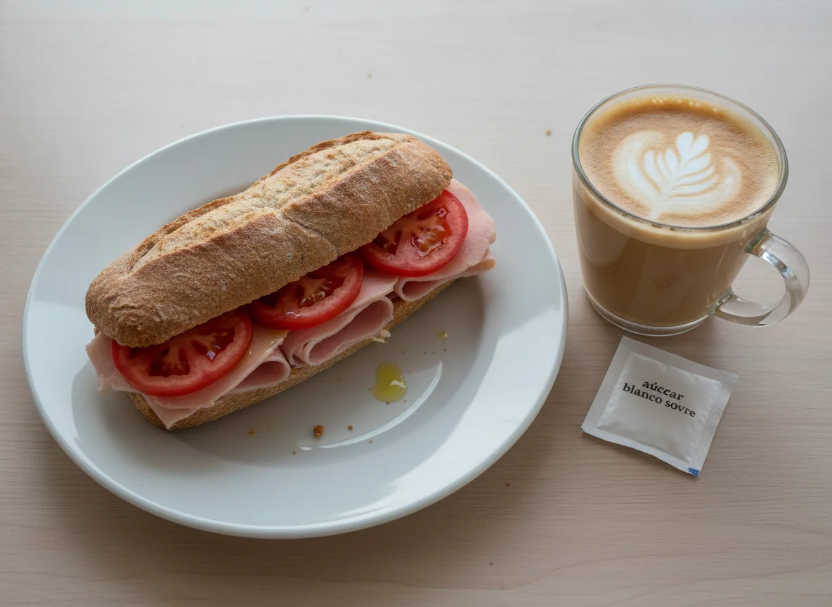 Bocadillo de jamón cocido y tomate con café con leche photo