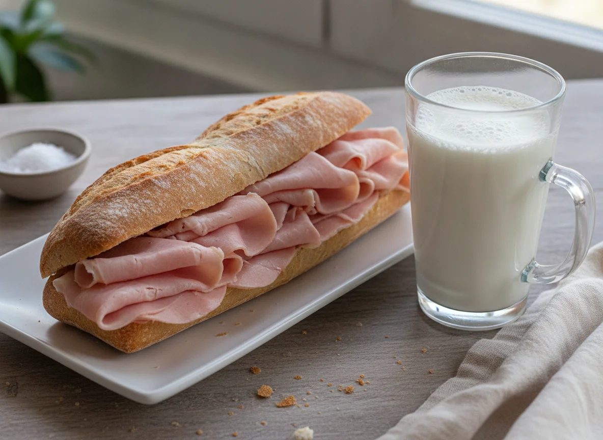Bocadillo de jamón cocido y vaso de leche photo