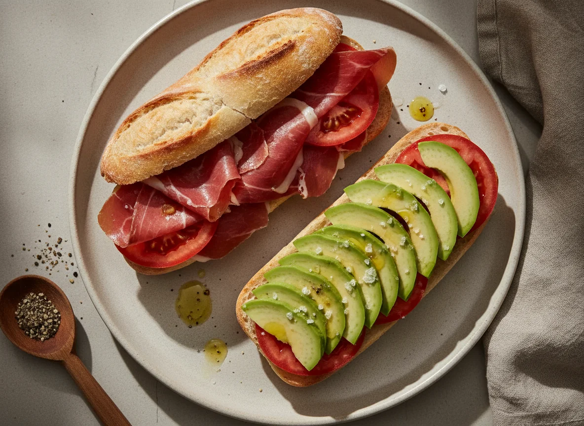 Bocadillo de jamón con tomate y aguacate photo