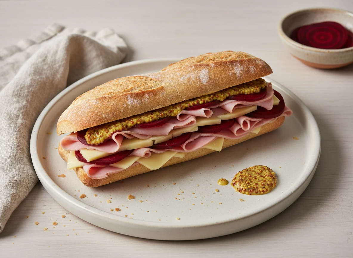 Bocadillo de jamón, queso, remolacha y mostaza photo