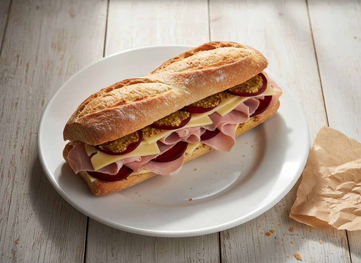 Bocadillo de jamón, queso y remolacha con mostaza photo