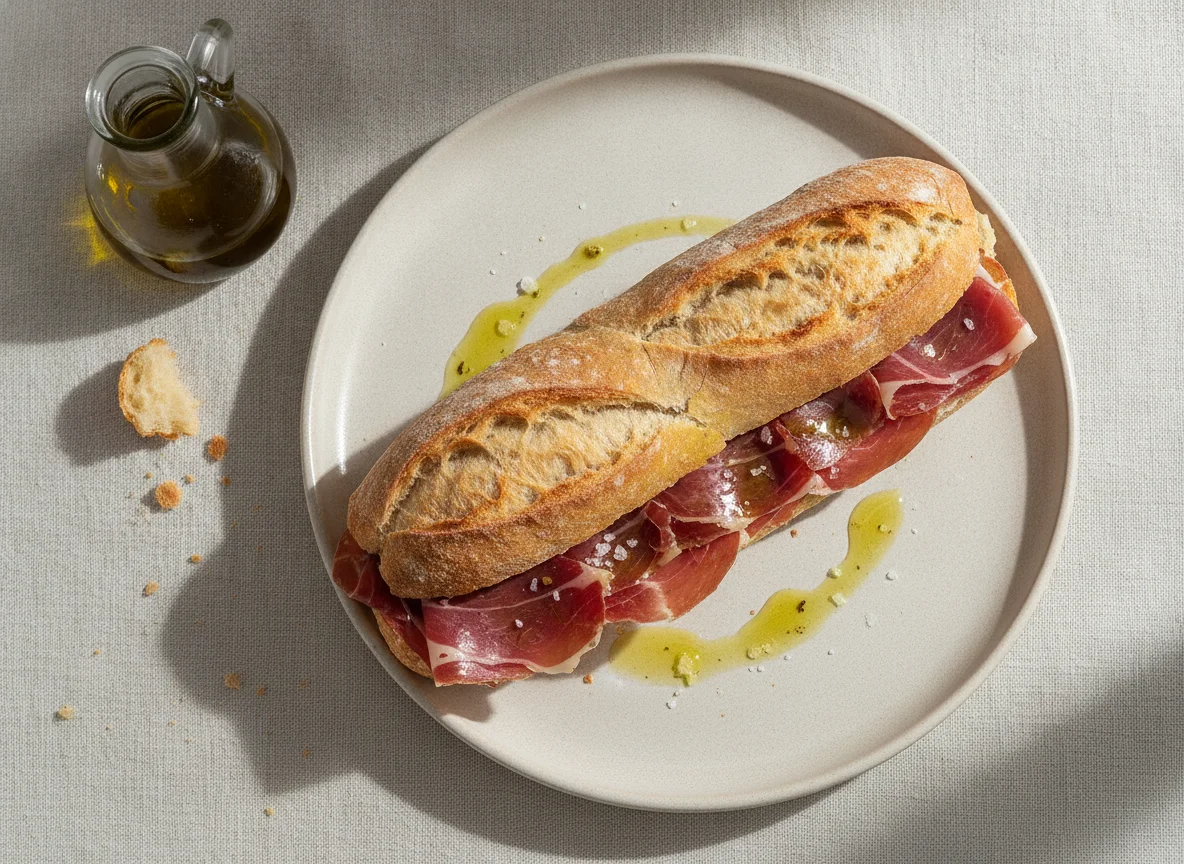 Bocadillo de jamón serrano con aceite de oliva photo