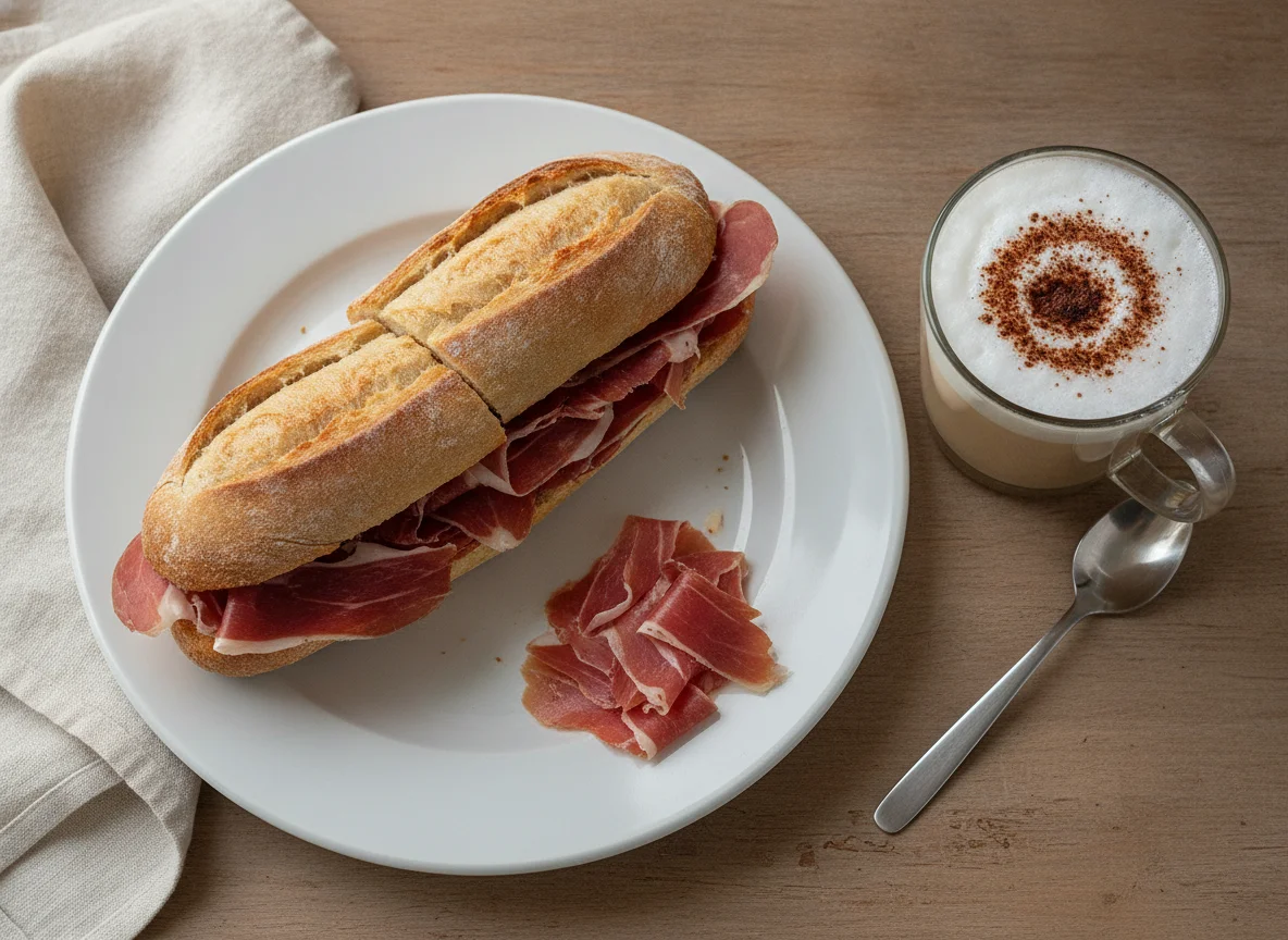 Bocadillo de jamón serrano y café con leche photo