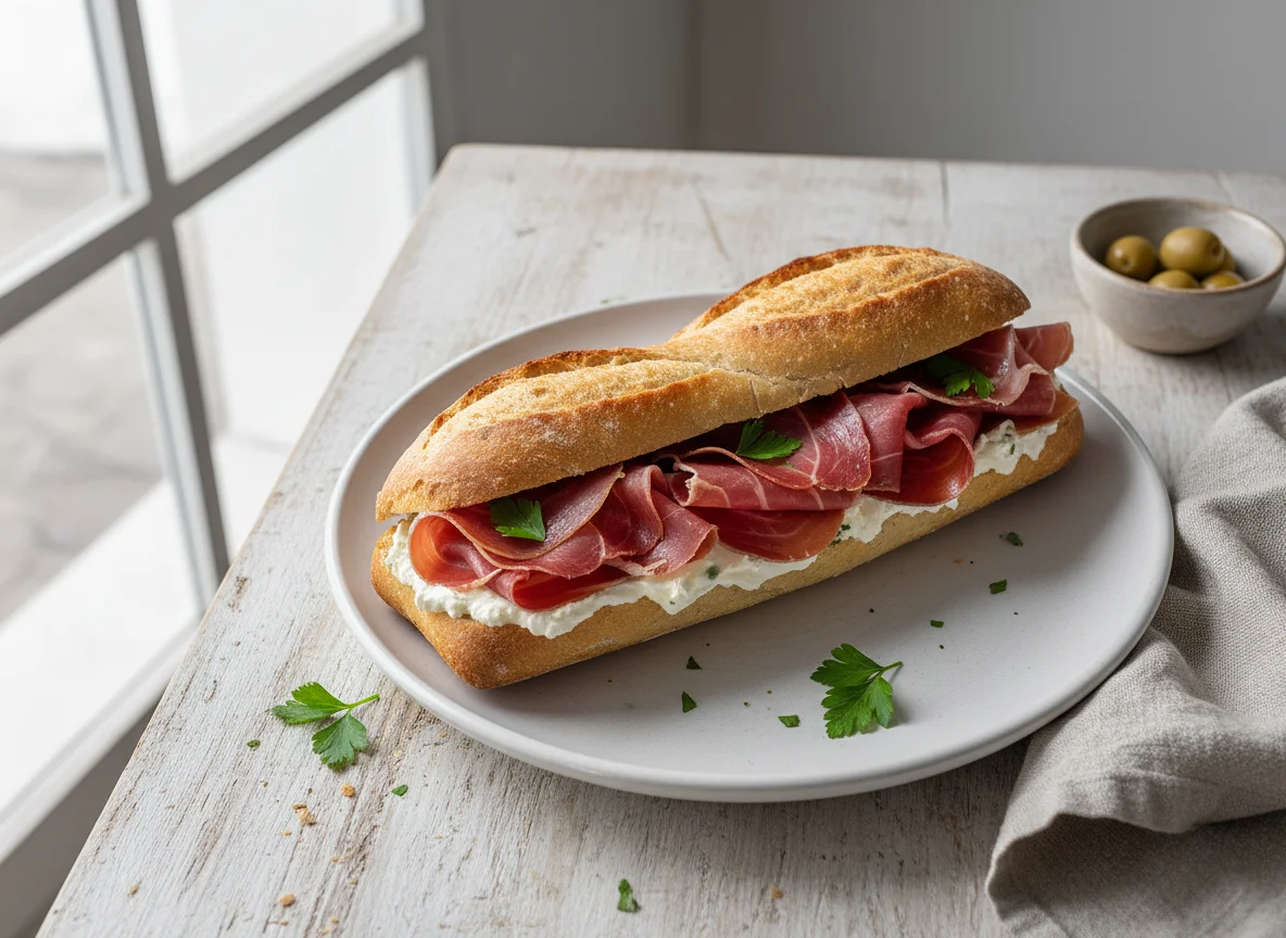 Bocadillo de jamón serrano y queso crema photo