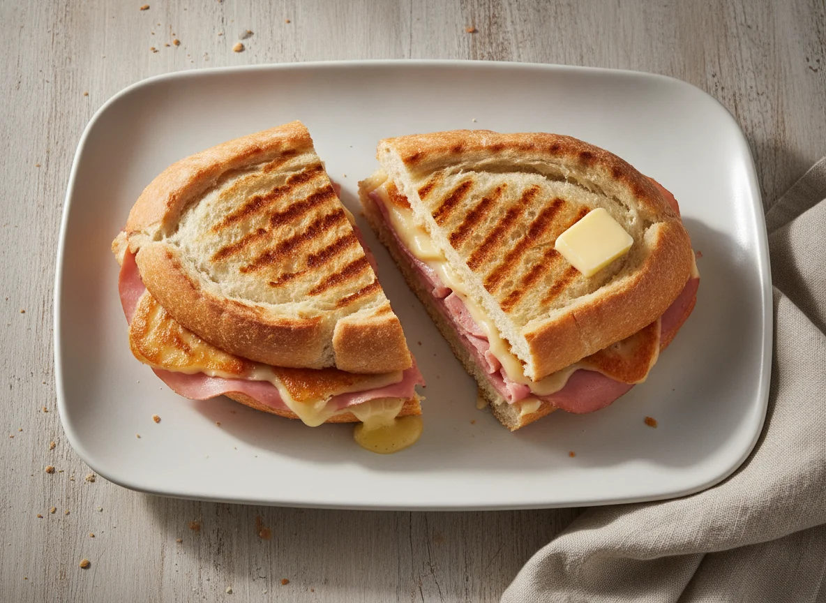 Bocadillo de jamón y queso a la plancha photo