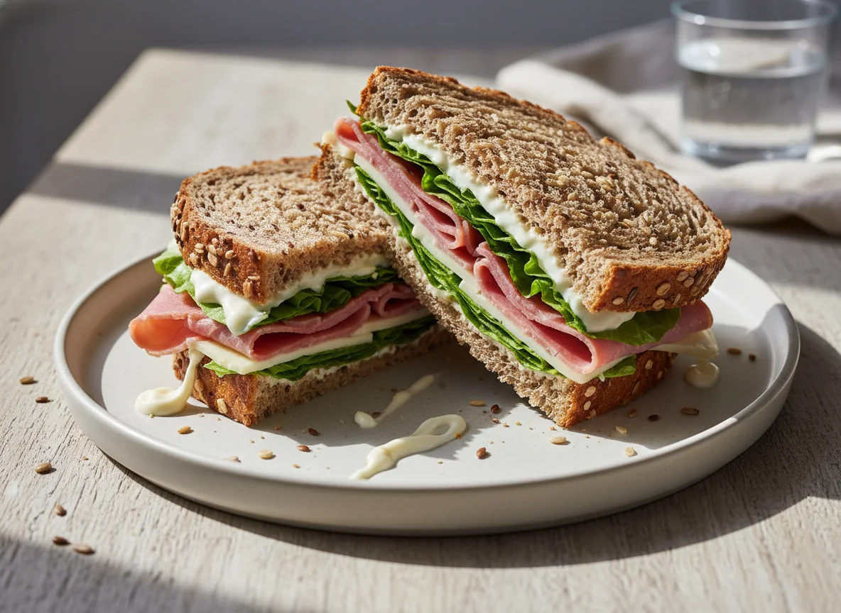 Bocadillo de jamón y queso con lechuga y mayonesa photo