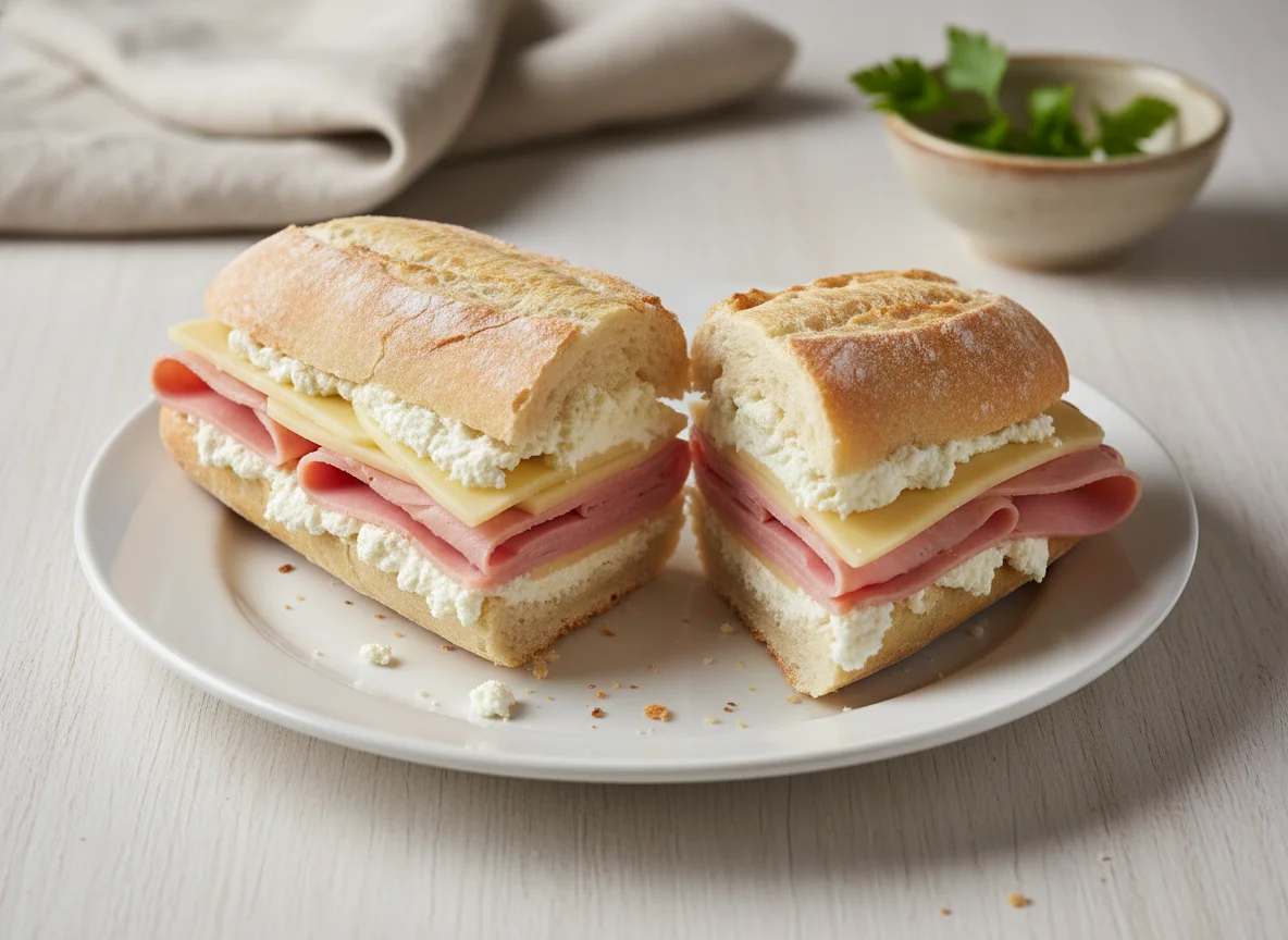 Bocadillo de jamón y queso con requesón photo