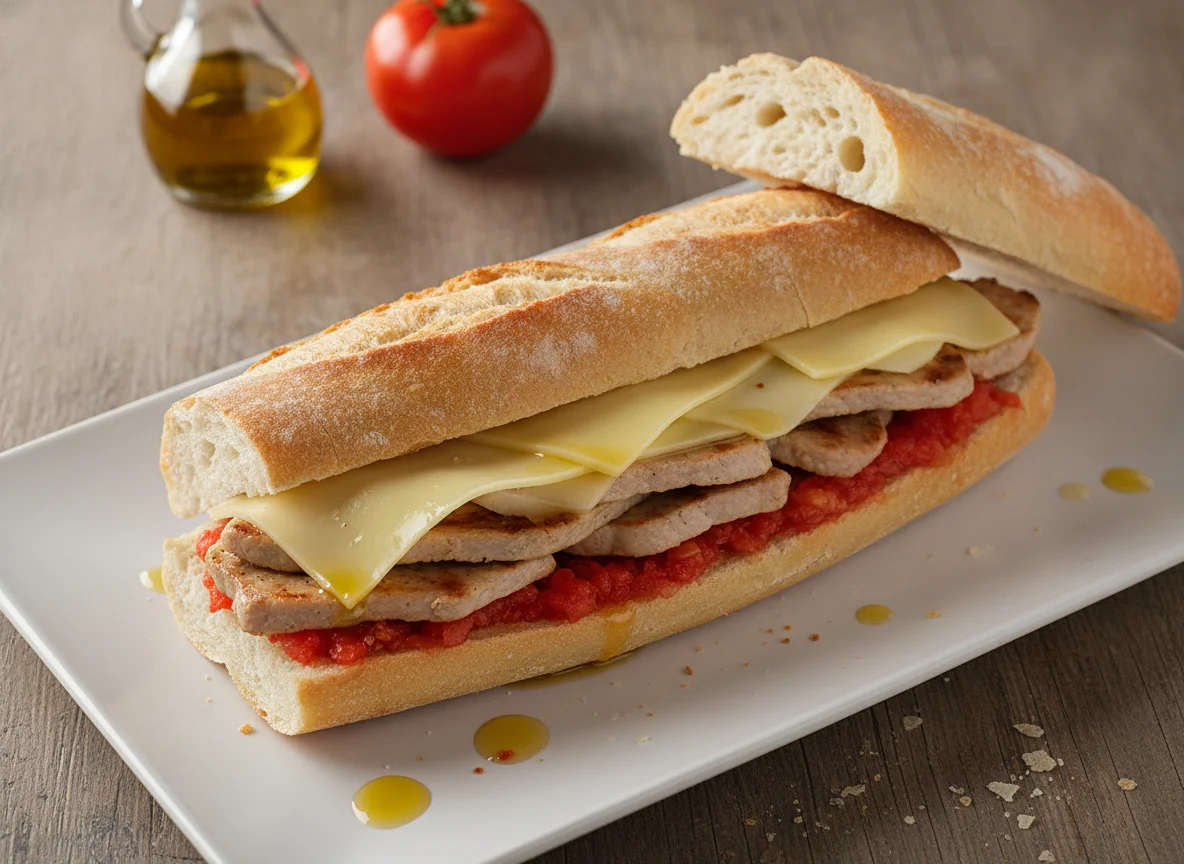 Bocadillo de lomo con queso y tomate photo