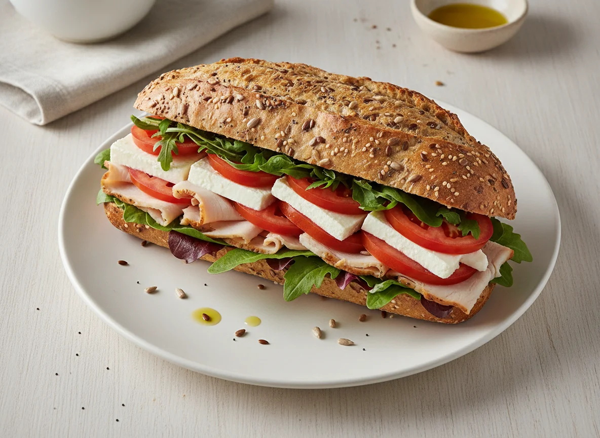Bocadillo de pavo, queso fresco y tomate en pan de semillas photo
