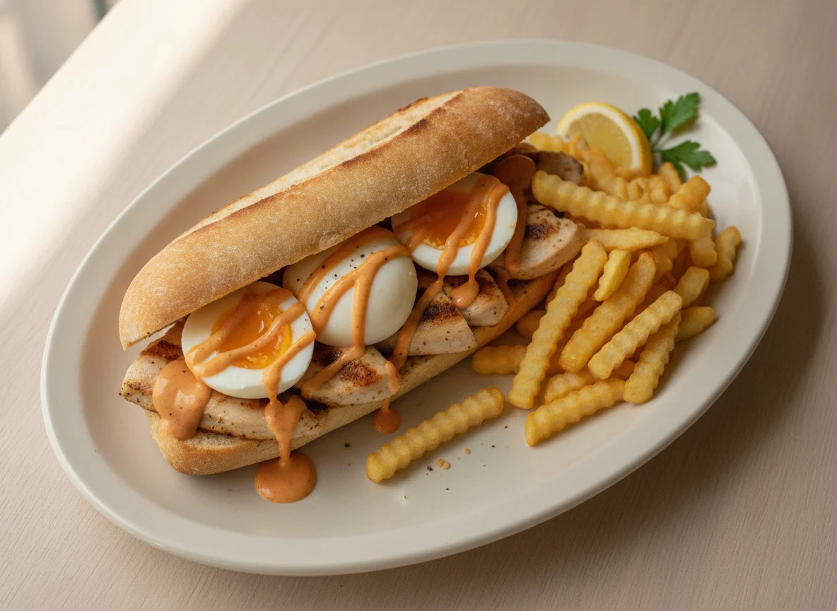 Bocadillo de pollo con huevo y patatas fritas photo