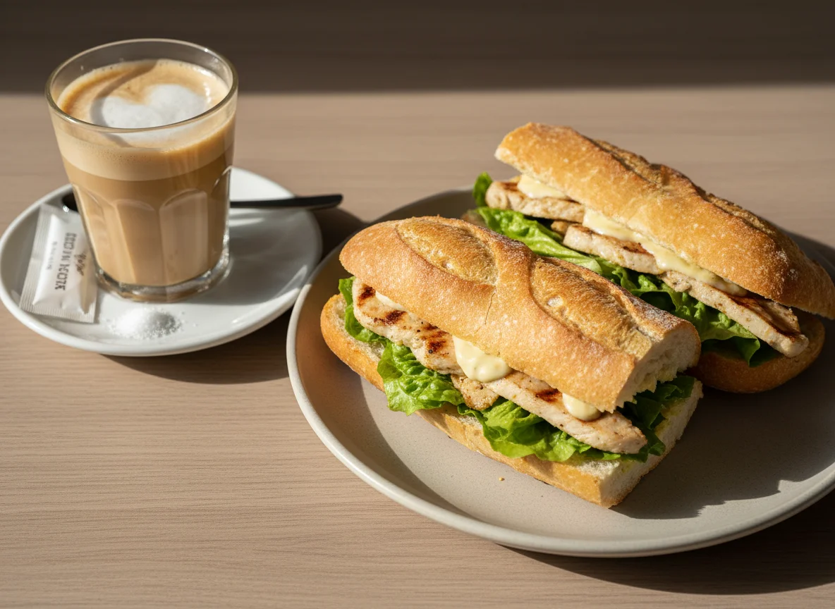 Bocadillo de pollo con lechuga y café con leche photo