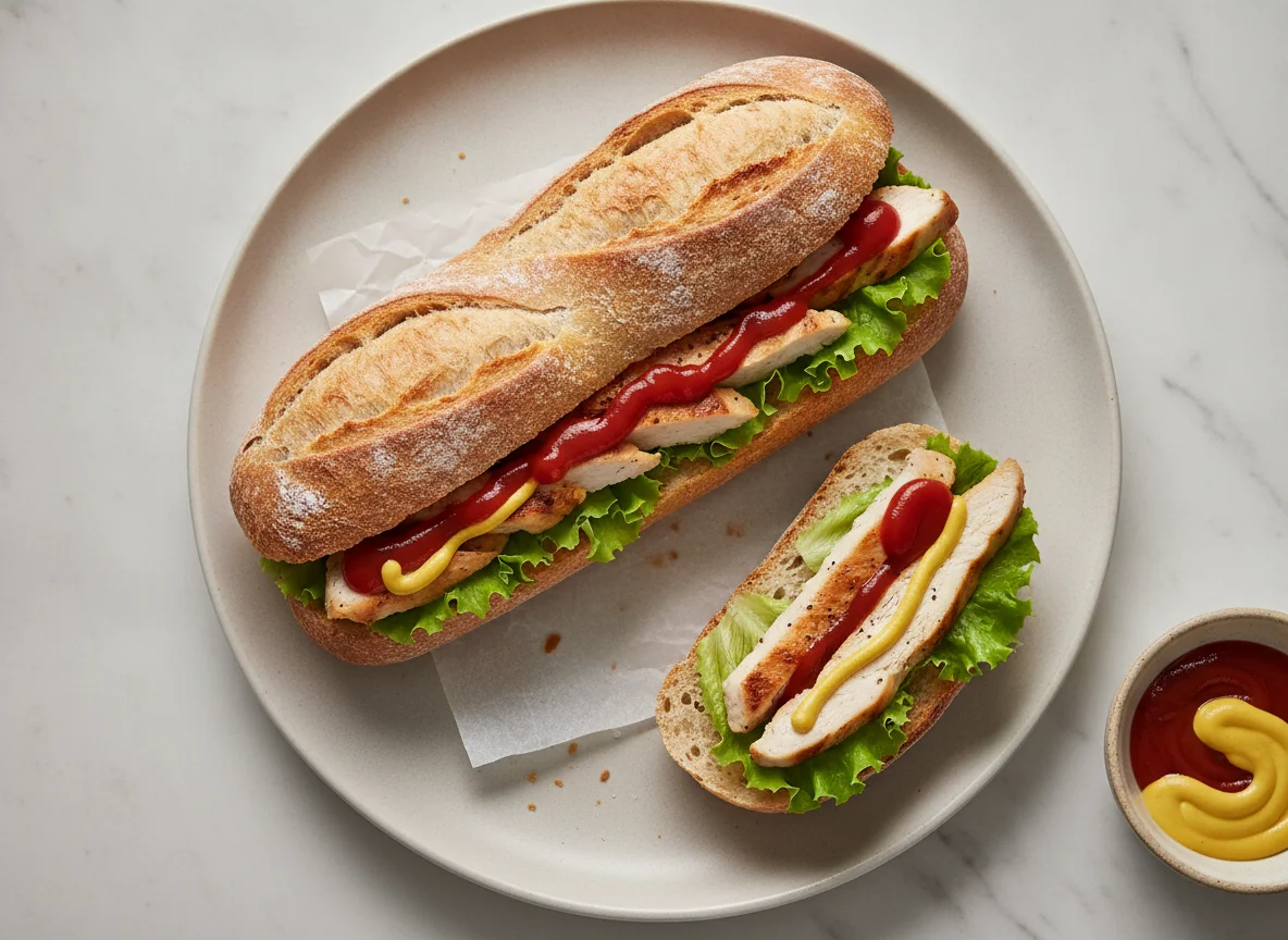 Bocadillo de pollo con lechuga y salsas photo