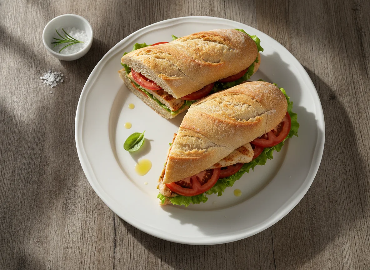 Bocadillo de pollo con tomate y lechuga photo