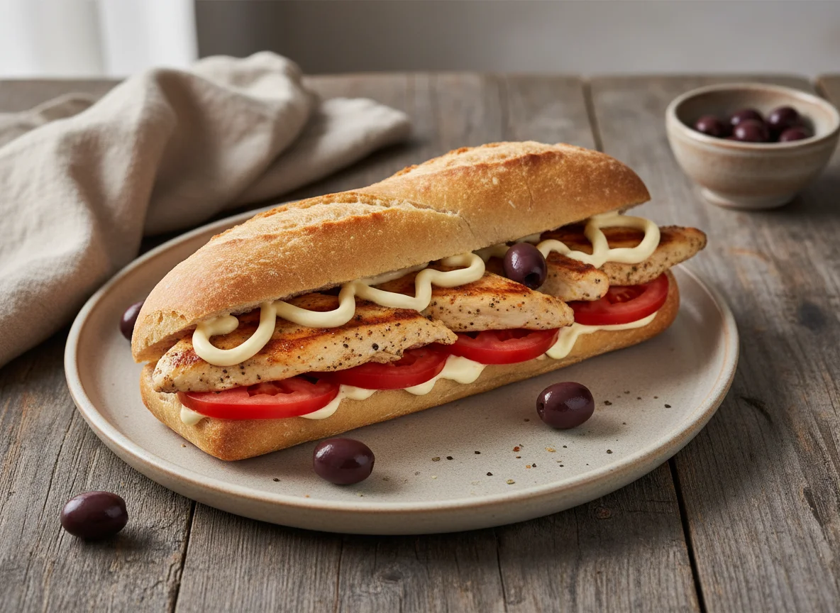 Bocadillo de pollo con tomate y mayonesa photo