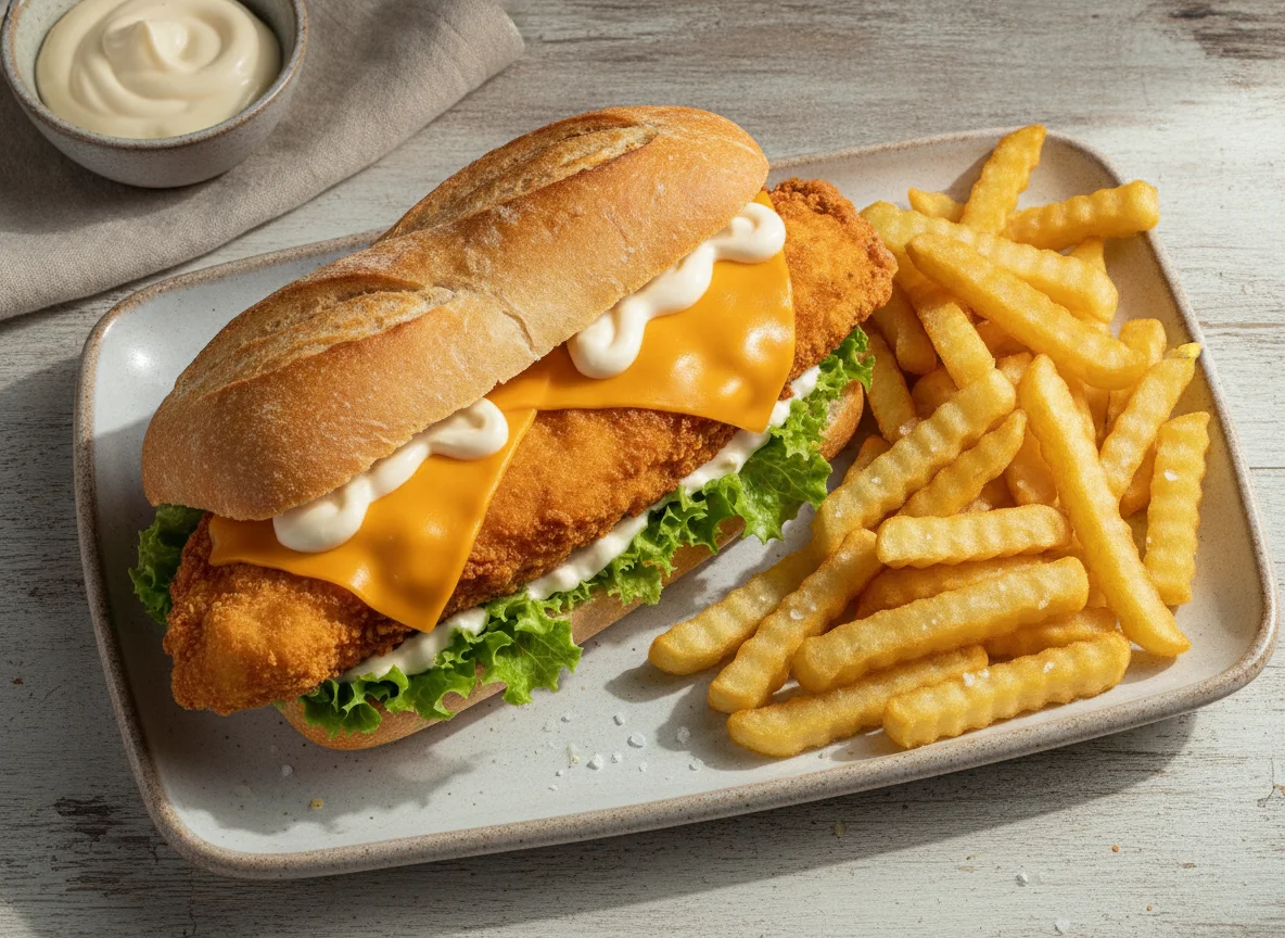 Bocadillo de pollo crujiente con patatas fritas photo