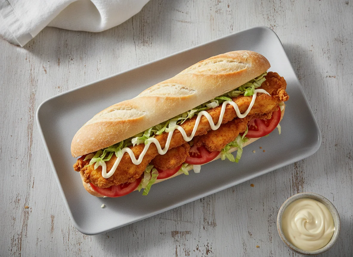 Bocadillo de pollo frito con lechuga y tomate photo