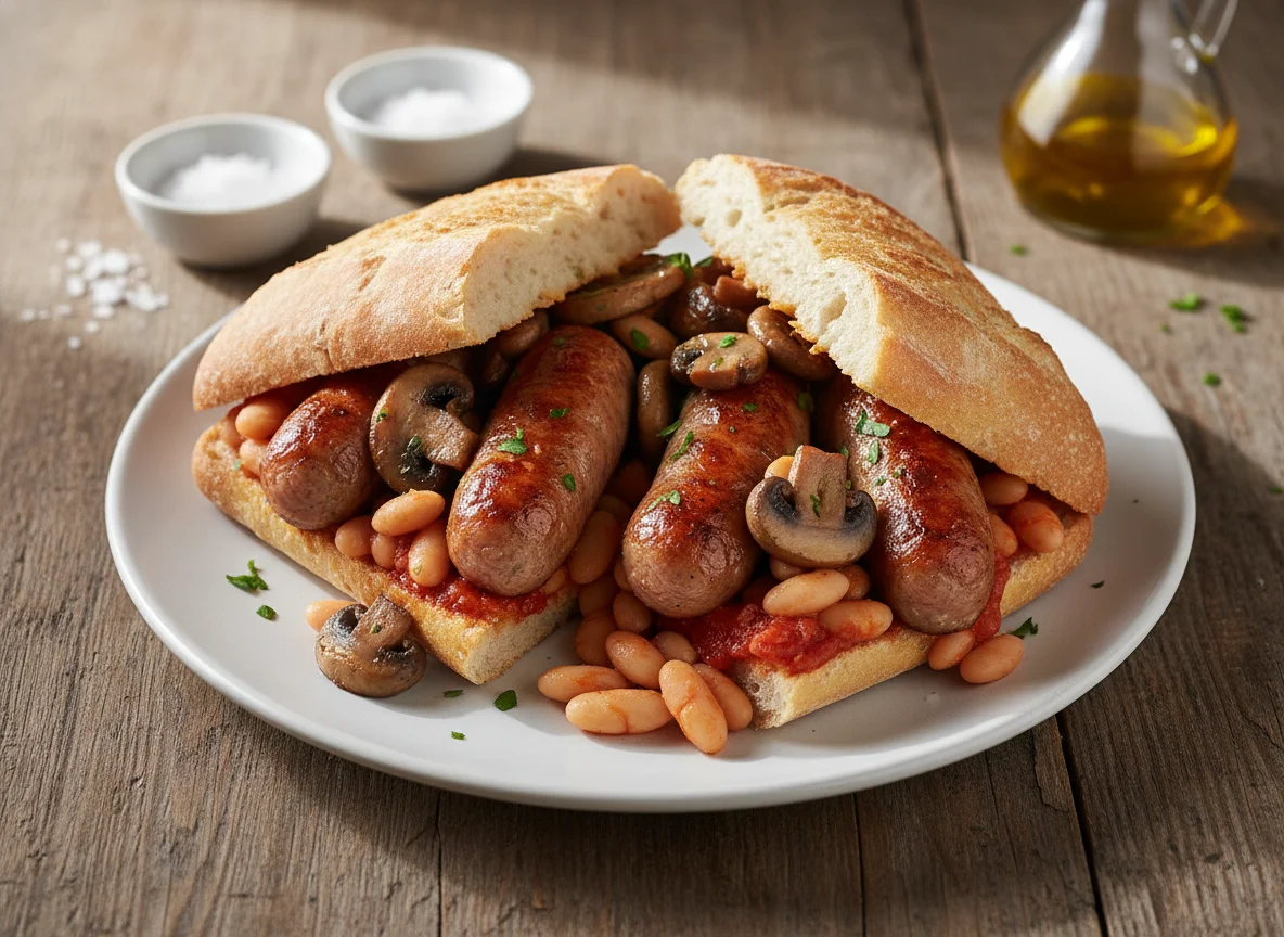 Bocadillo de salchichas con champiñones y judías photo