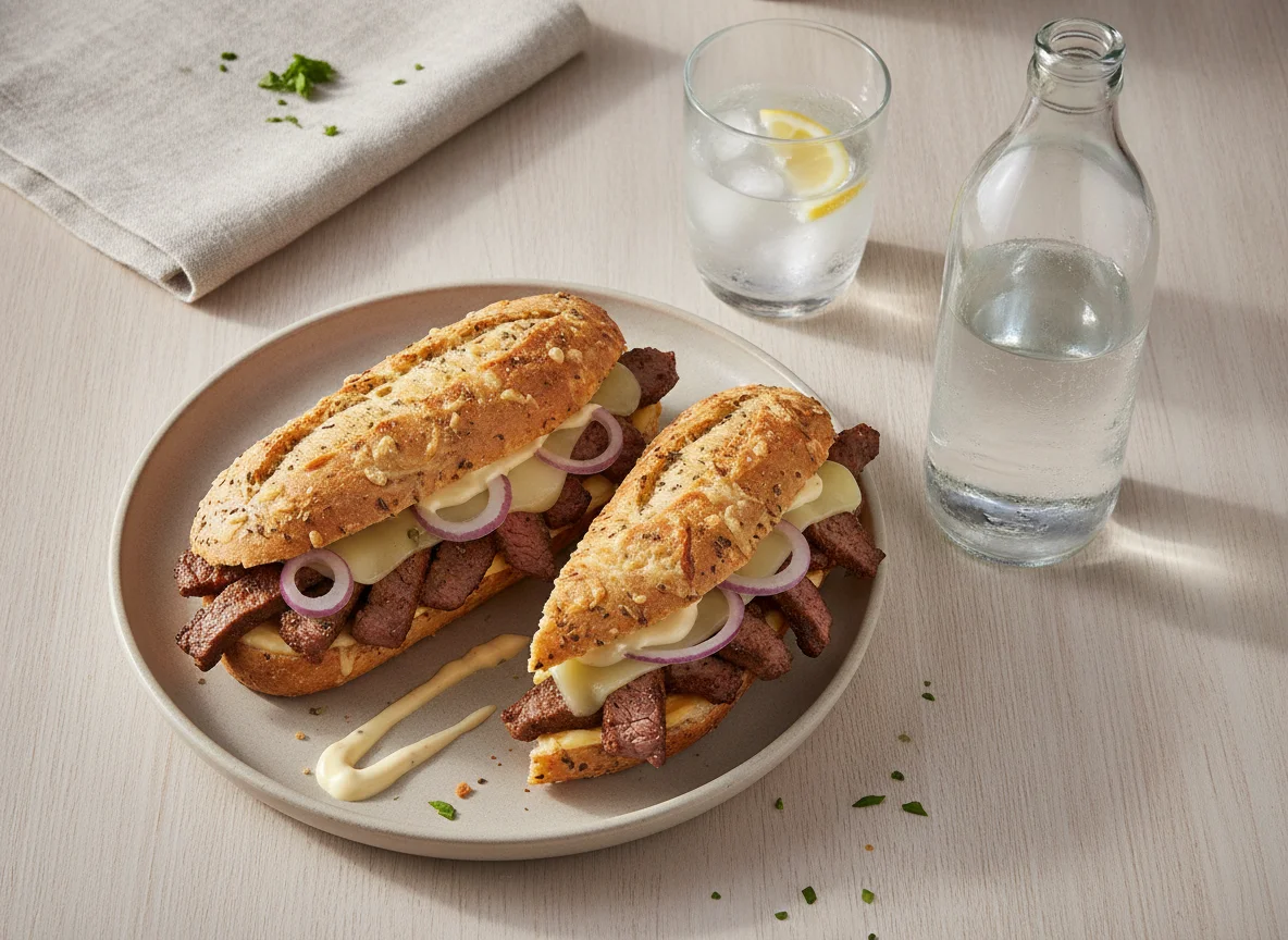 Bocadillo de ternera con queso y cebolla photo