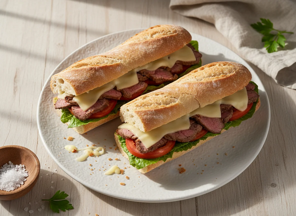 Bocadillo de ternera con queso y lechuga photo