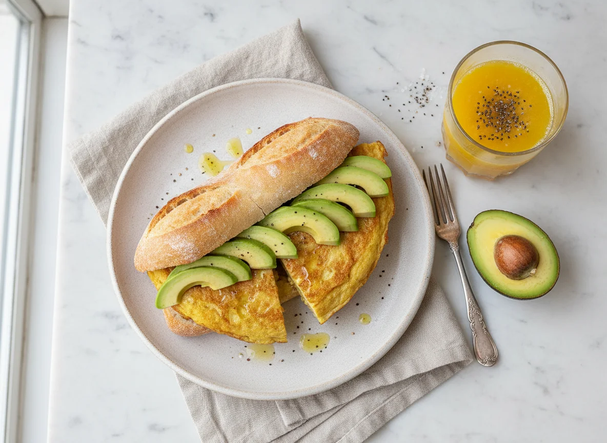 Bocadillo de tortilla con aguacate y zumo de naranja photo