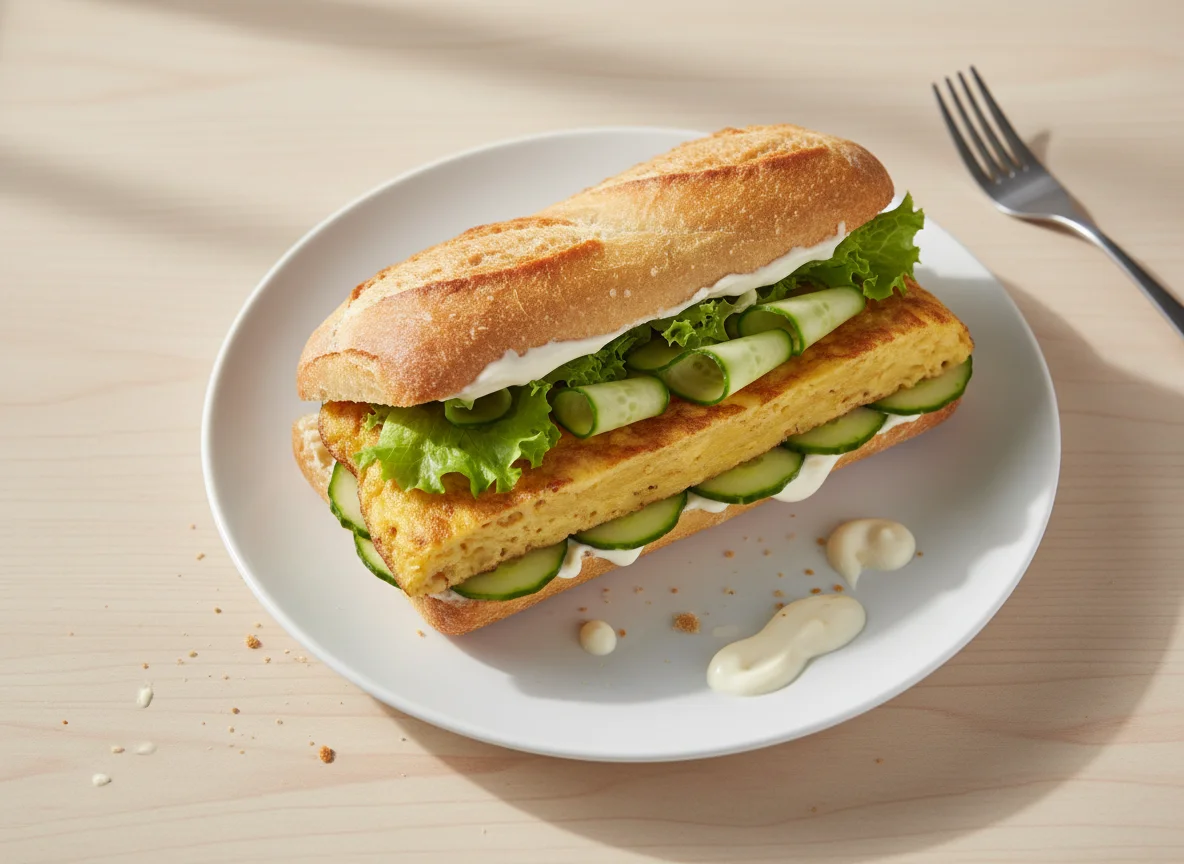 Bocadillo de tortilla con lechuga y pepino photo
