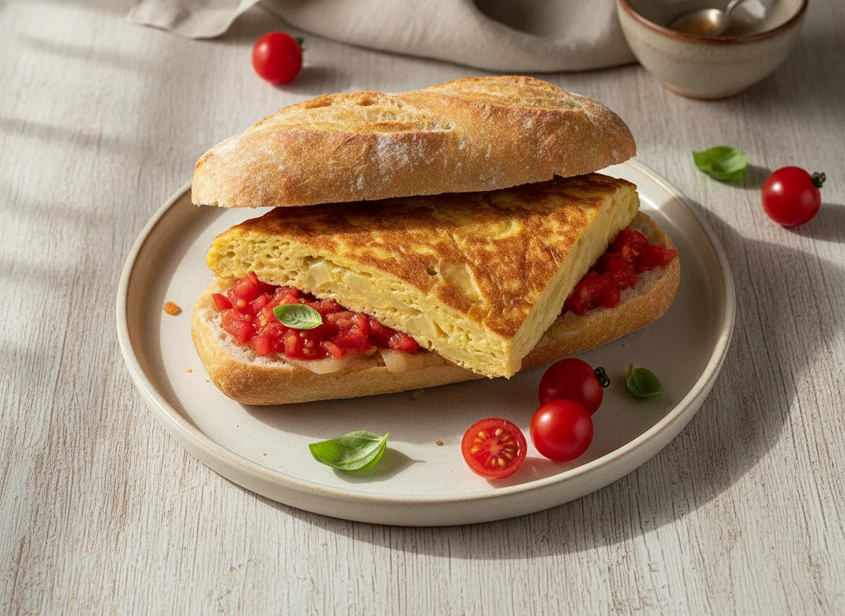 Bocadillo de tortilla de patatas con tomate photo
