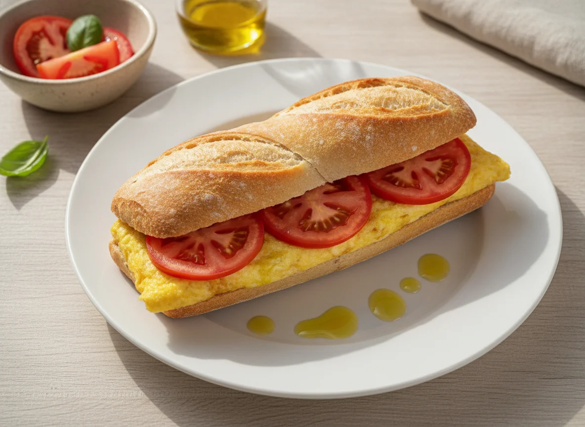 Bocadillo de tortilla francesa con tomate photo