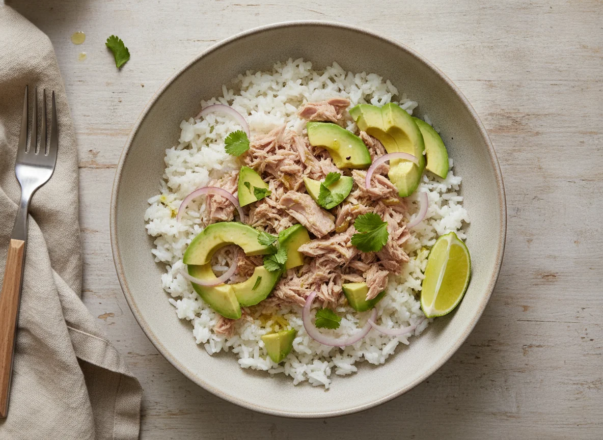 Bol de arroz con atún y aguacate photo
