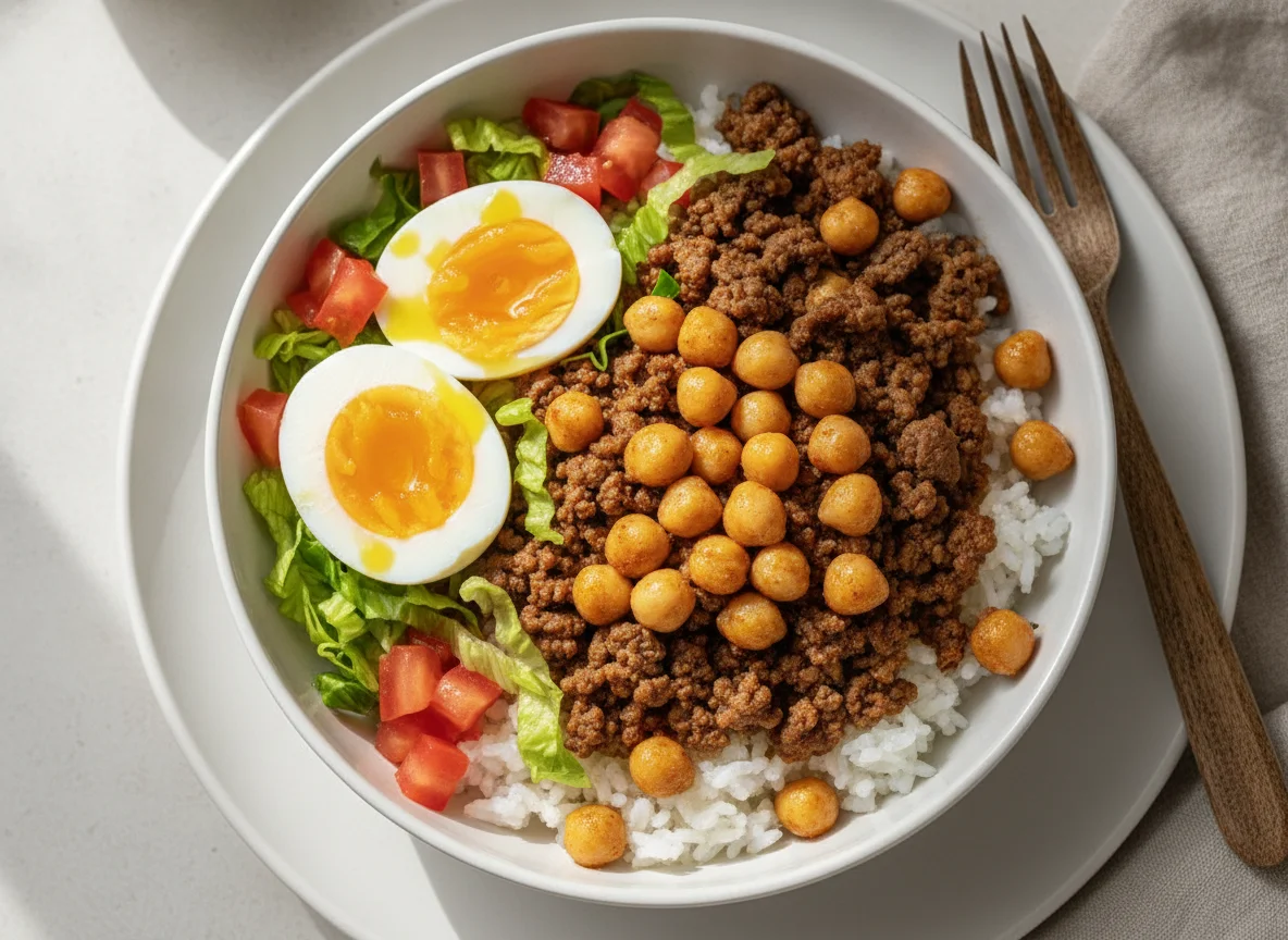 Bol de arroz con carne picada, garbanzos y huevo photo