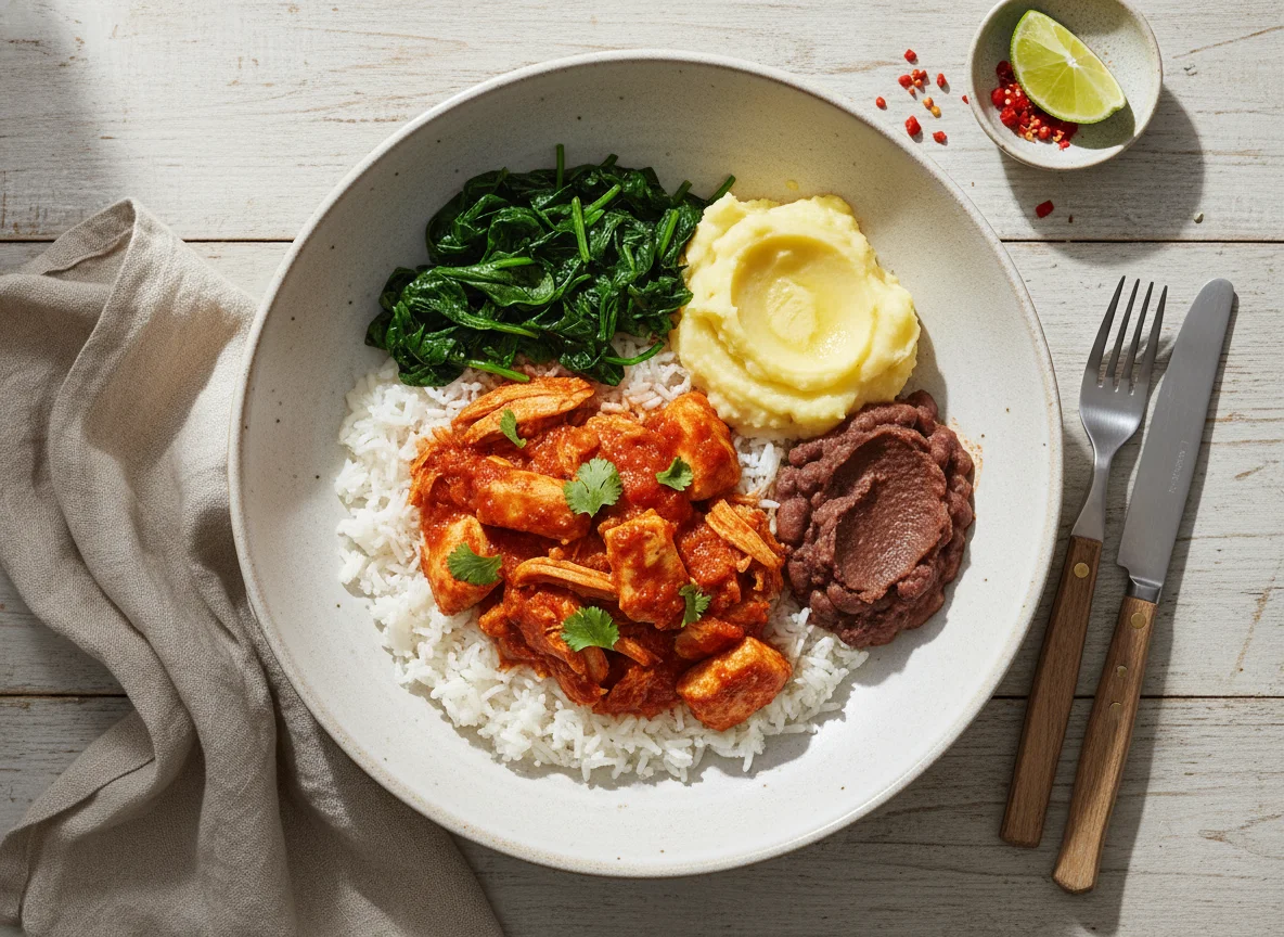Bol de arroz con pollo, espinacas y puré photo