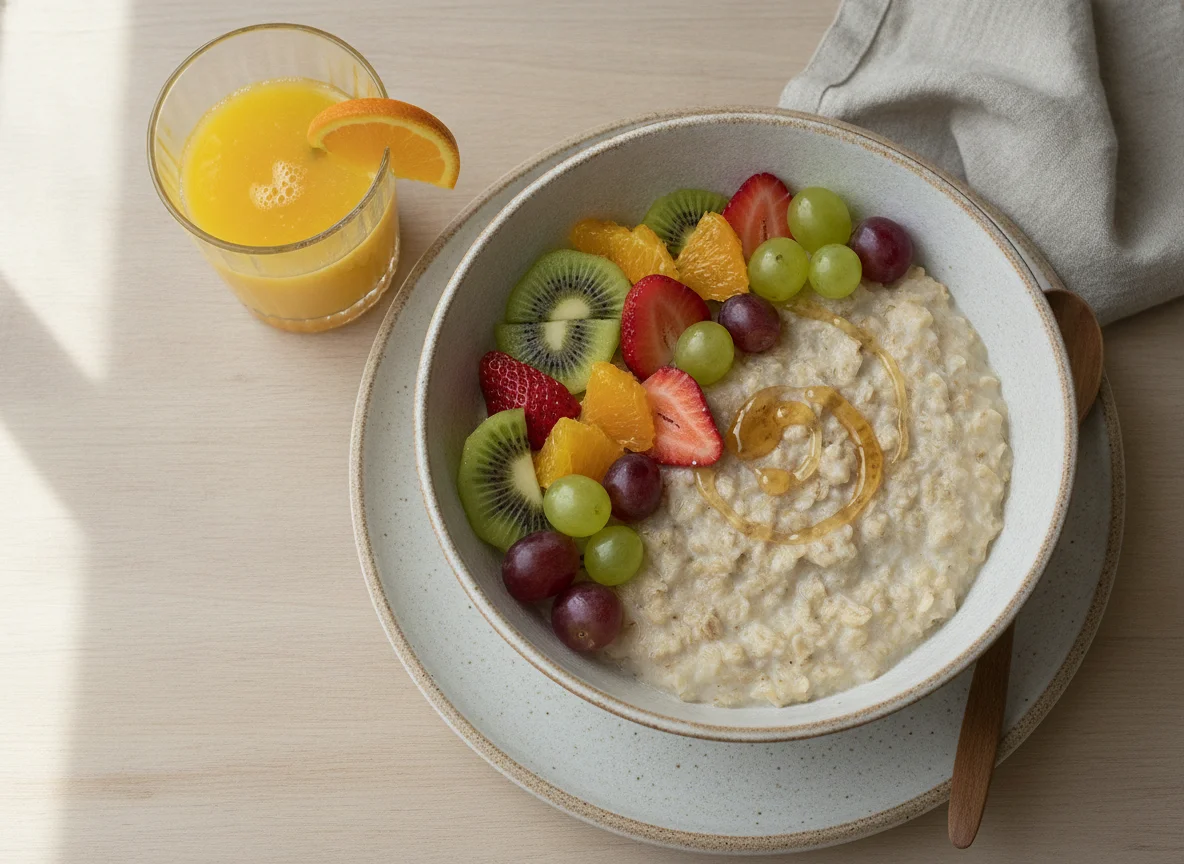 Bol de avena con frutas y zumo de naranja photo