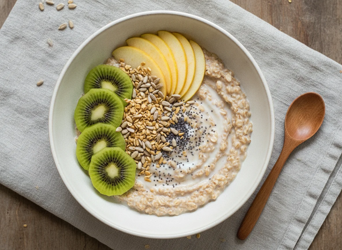 Bol de avena con semillas y fruta photo