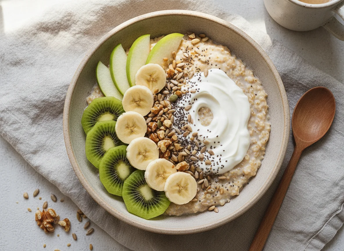 Bol de avena con semillas y frutas photo