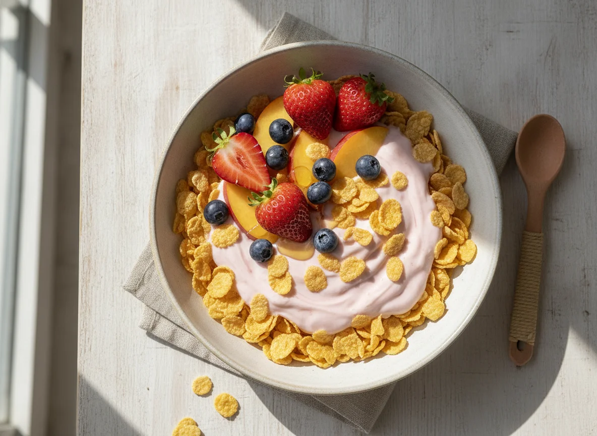 Bol de cereales con frutas y yogur photo