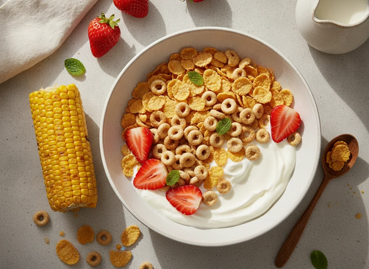 Bol de cereales con yogur y fresas con mazorca de maíz photo