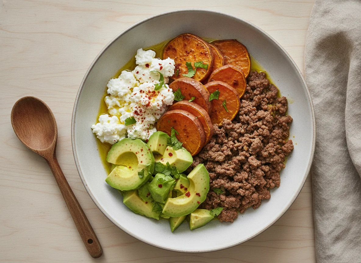 Bol de desayuno con aguacate, boniato, requesón y carne picada photo