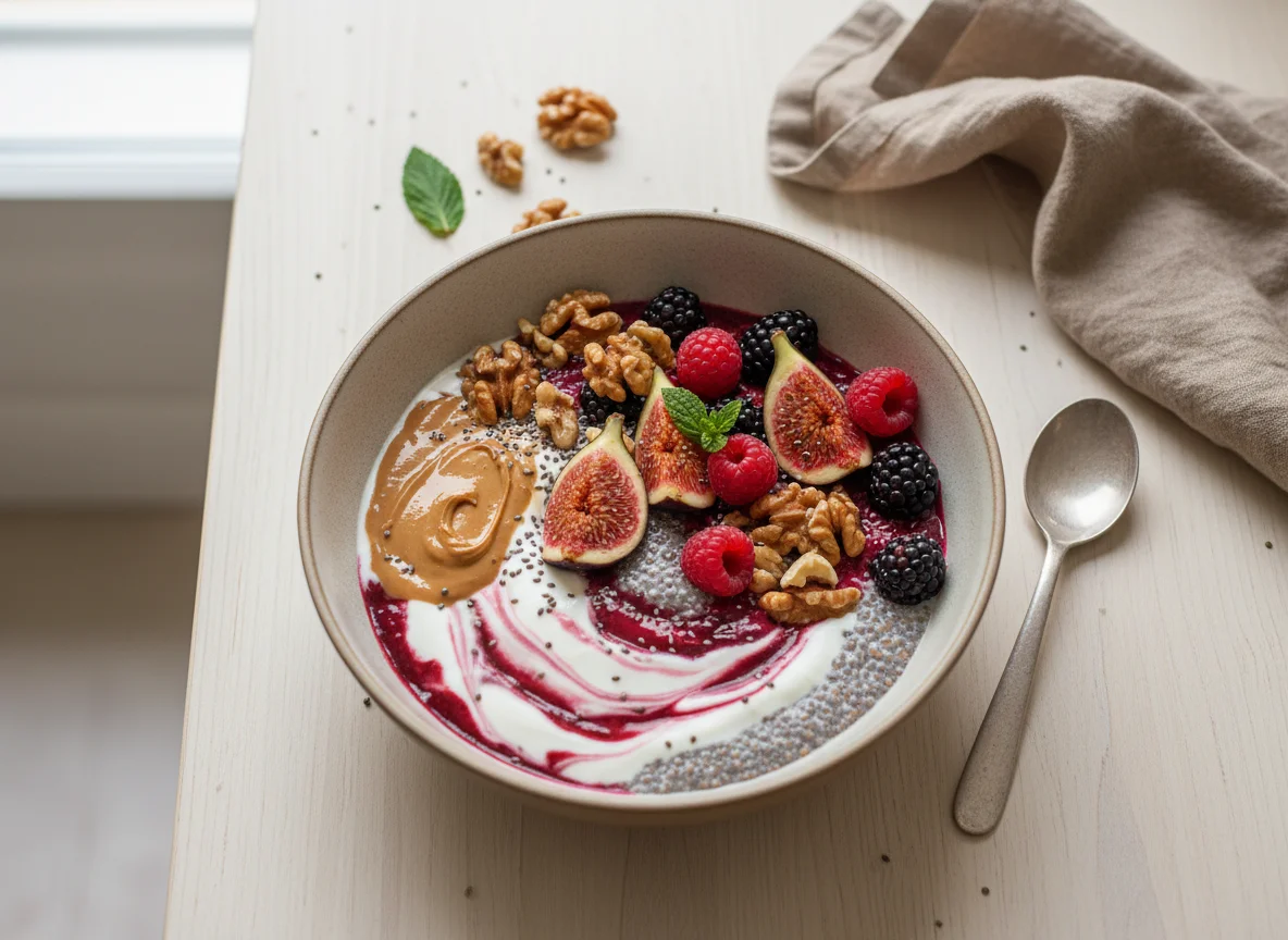 Bol de desayuno con chía, yogur y frutas photo