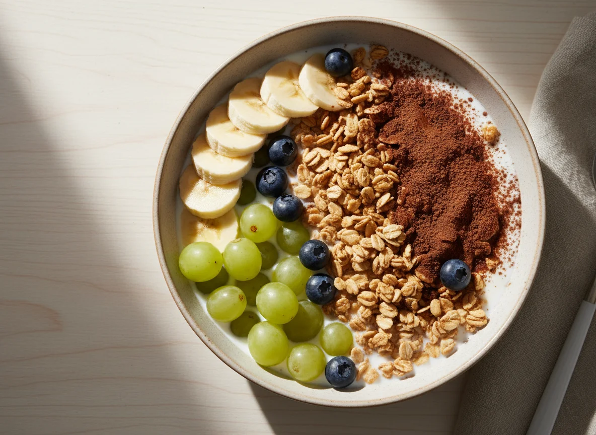 Bol de desayuno con fruta, cereales y leche photo