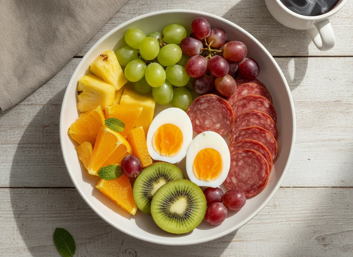 Bol de desayuno con huevo, embutido y fruta photo