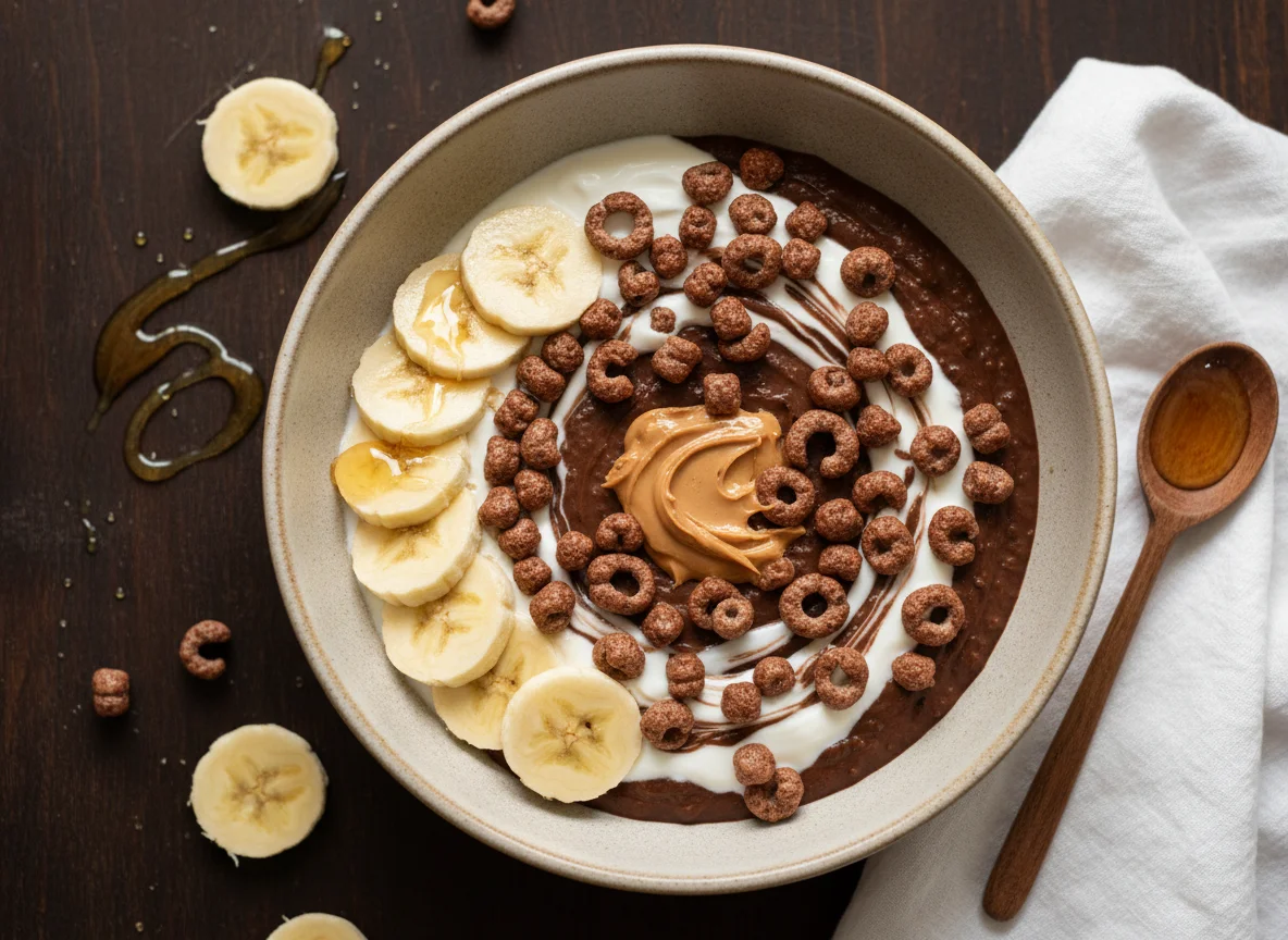 Bol de desayuno con plátano, cereales y miel photo