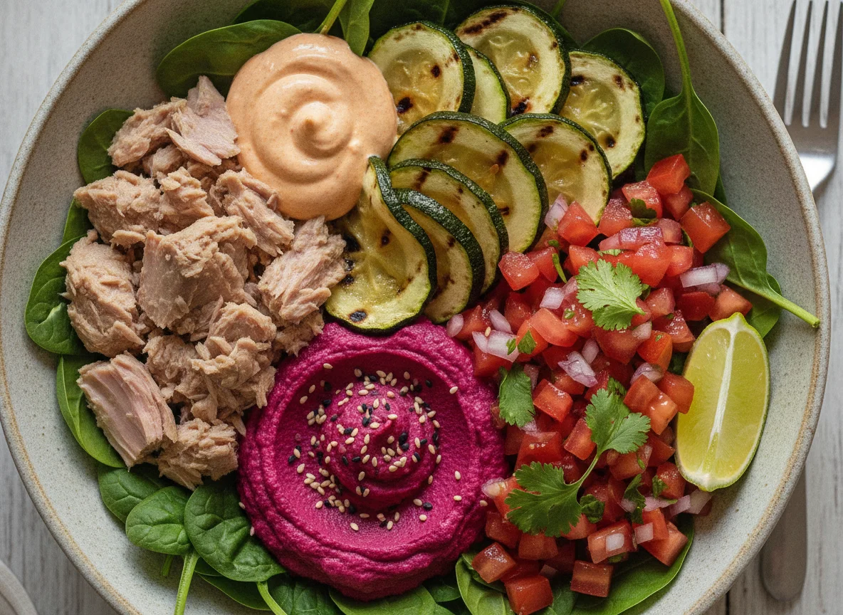 Bol de ensalada con atún, calabacín y hummus de remolacha photo